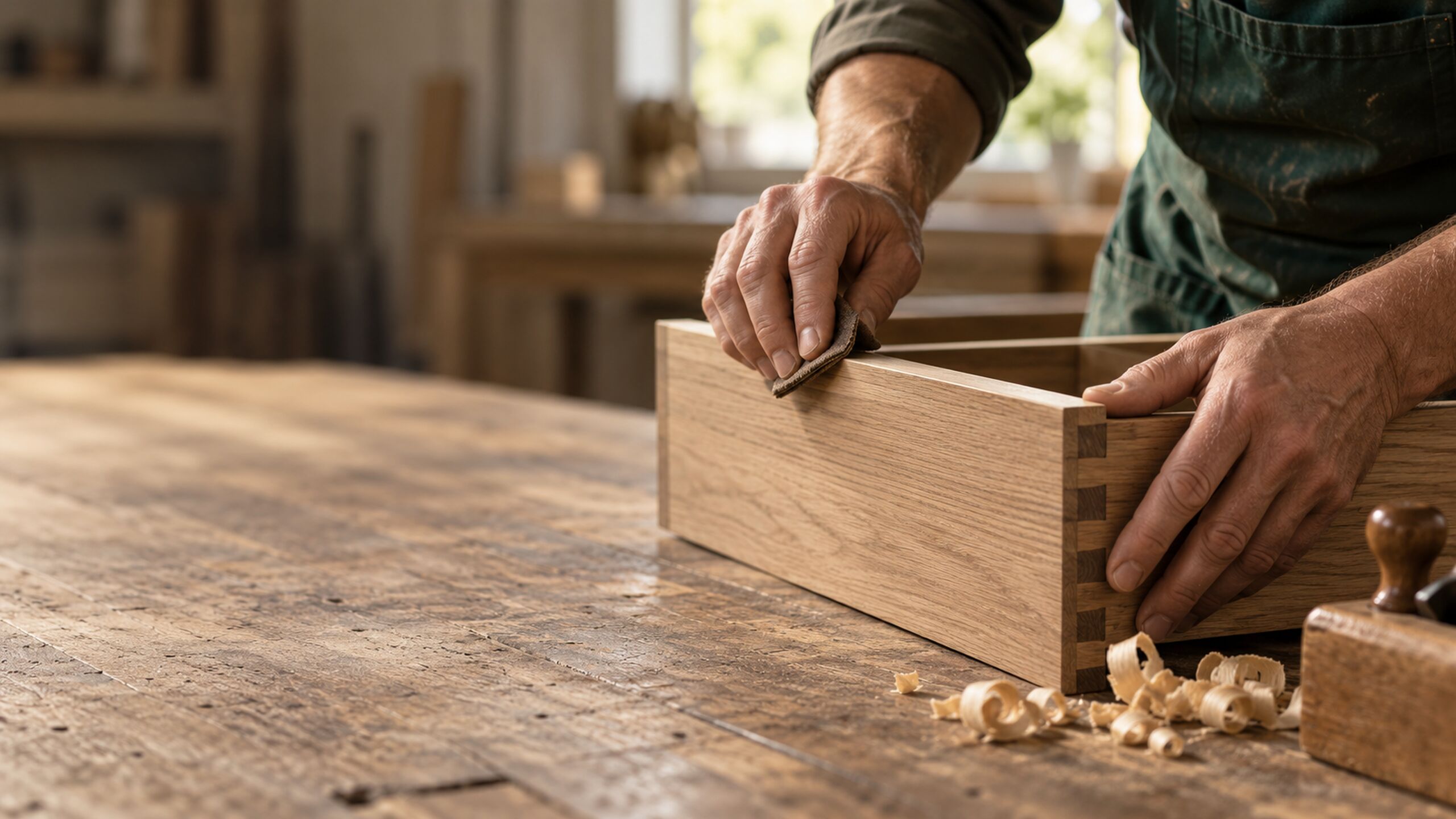 Cabinetmaker sanding an oak drawer with dovetail joints on a workshop bench