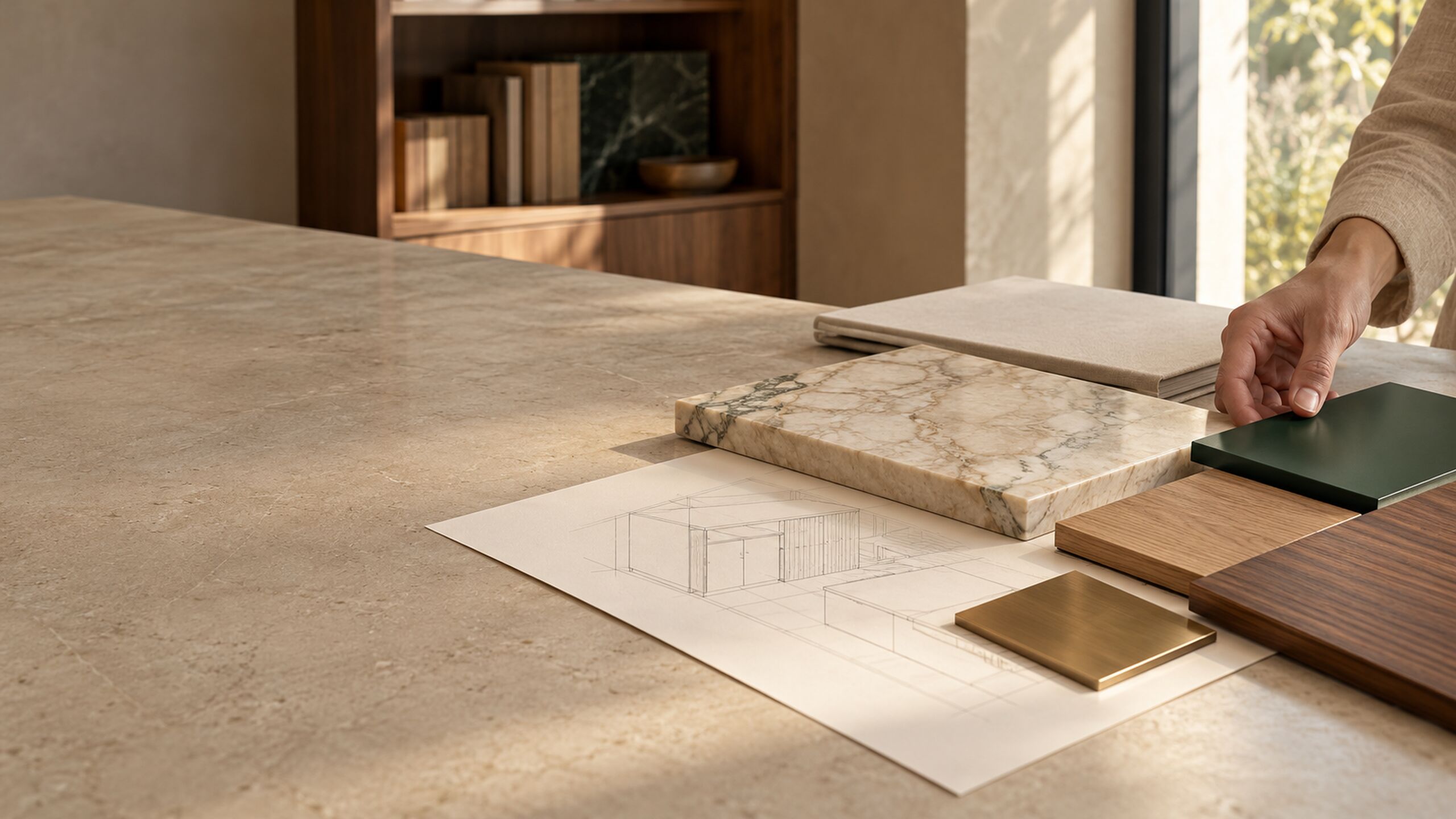 Designer arranging marble, timber, bronze and green lacquer samples over a cabinetry drawing
